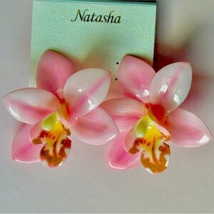 Natasha Couture Acrylic Large Pink Orchid Studded Earrings